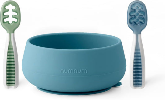 NumNum Baby Bowl & 2 Pack GOOtensils Baby Spoons, Suction Bowls for Baby 4+ Months, Extra Strong Non-Slip Suction, 100% Food-Grade Silicone, BPA-Free, Microwave & Dishwasher Safe (Blue/Green)