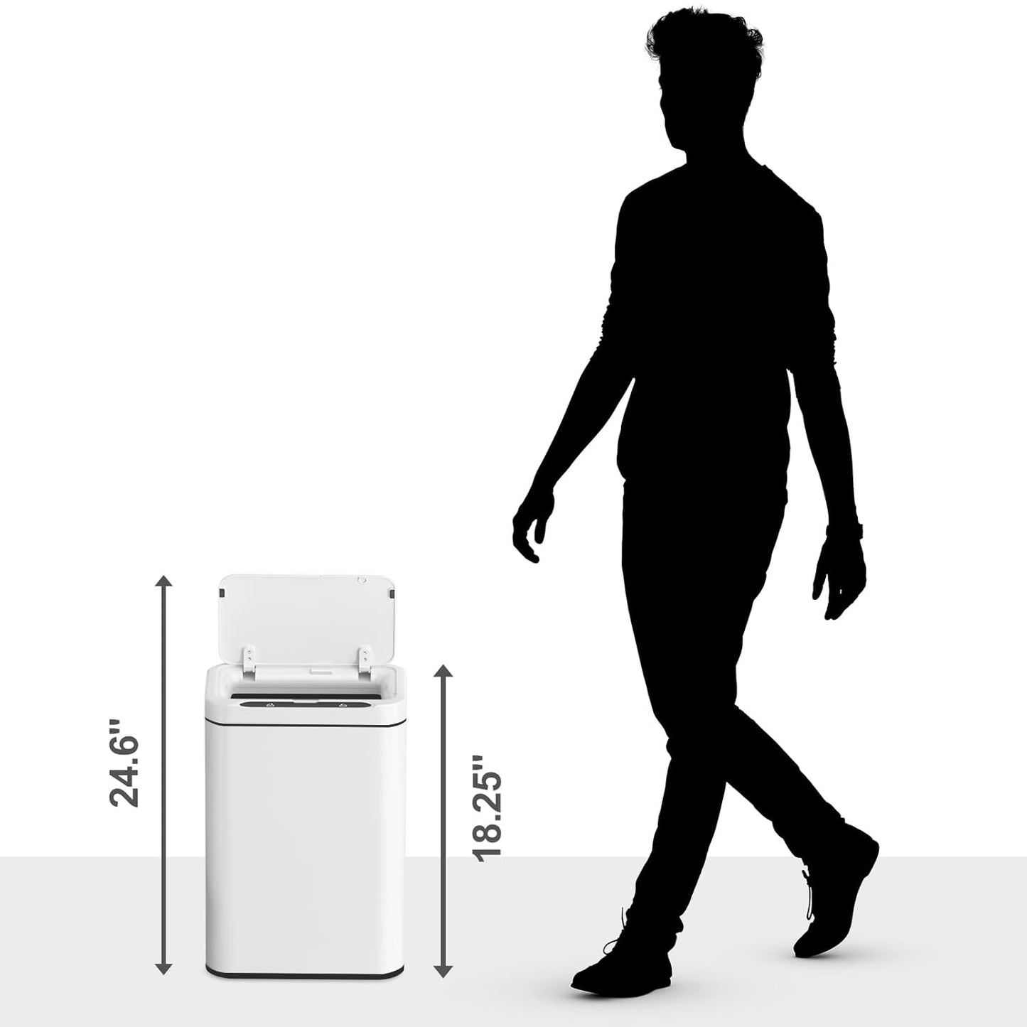 ELPHECO Stainless Steel Office Trash Can 6.6 Gallon Motion Sensor Garbage Bin Rectangular Automatic Touch Free Waste Bin for Hotel and Living Room(White), 2AA