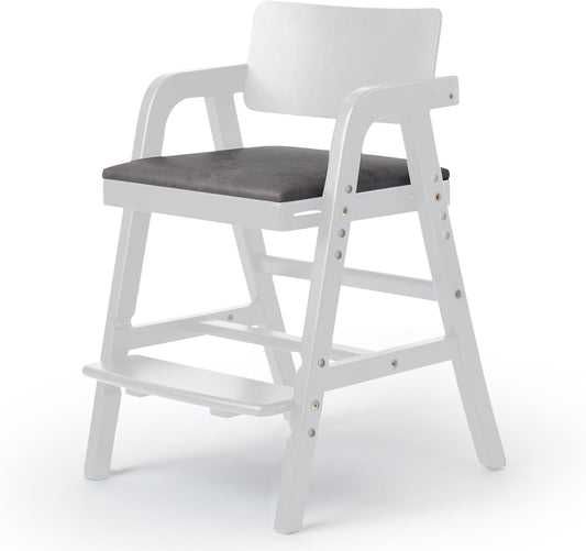 Wooden High Chair Baby Highchair, Portable HighChair for Babies & Toddlers, Adjustable and Convertible Kids Dining Chair with Removable Cushion, Easy to Clean, Water Resistant (White)