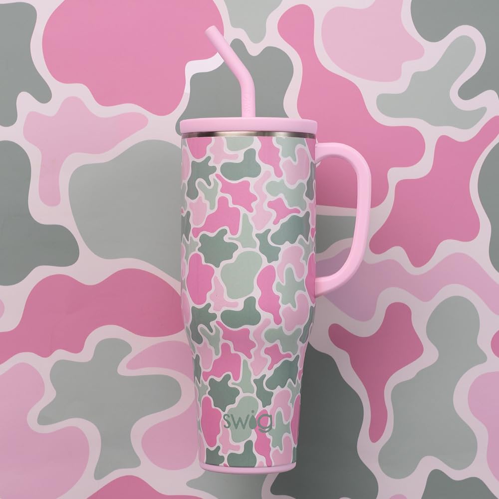 Swig Life 40oz Mega Mug, 40oz Tumbler with Handle and Straw, Extra Large Insulated Tumblers, Cup Holder Friendly Travel Mug (Blushing Camo)