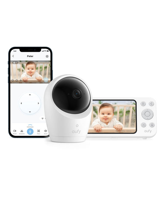 eufy Baby Monitor E20, 2K Resolution, 5'' 720p Display, Hybrid Connection, Wi-Fi & No Wi-Fi Control, Pan-Tilt, 4× Zoom, Night Vision, Built-in Battery Camera, ANR, Smart Alerts, 24/7 Recording