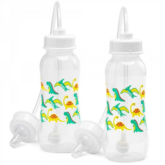 Hands-Free Baby Bottle - Anti-Colic Nursing System 9 oz Baby Bottle with Fast Flow Nipple/Teat 3m+ Infant with Tube Straw Feeding System for Toddler (2 Bottles - Dinosaur)