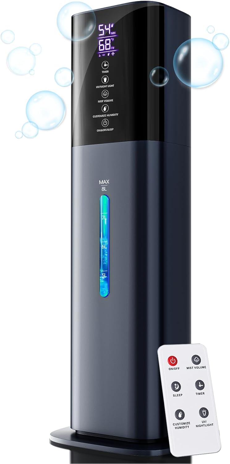 Humidifiers for Bedroom, 2.11Gal 8L Quiet Humidifiers for Large Room with Timer, 360°Nozzle, 3 Speed Ultrasonic Cool Mist Humidifier with Humidistat for Baby, Customize humidity for Home Adults Plants