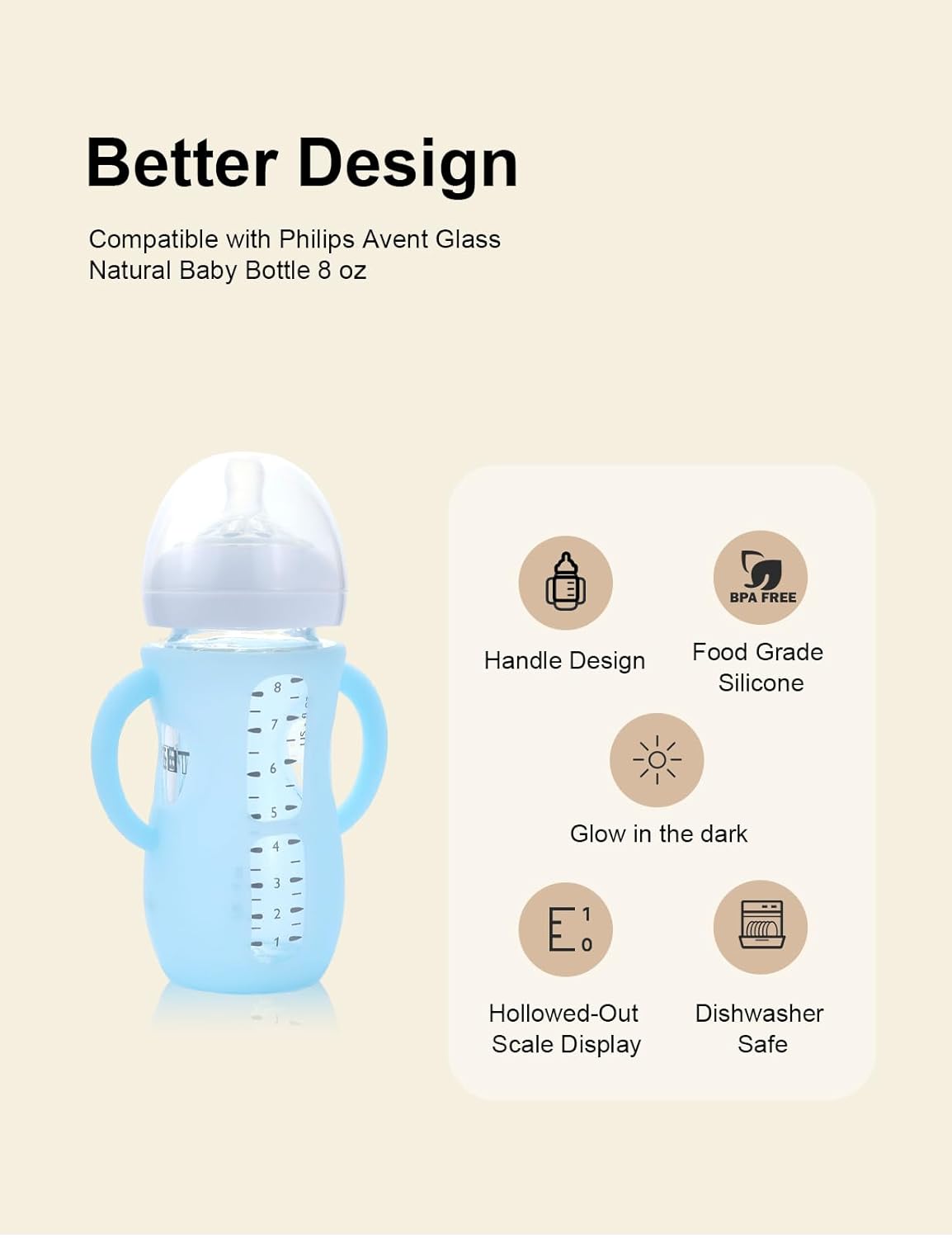 4-Pack Silicone Sleeves for Philips Avent Glass Bottles, BPA-Free Drop-Resistant Baby Bottle Sleeves with Handles, Compatible with Philips Avent Natural Glass Baby Bottles (8 oz)