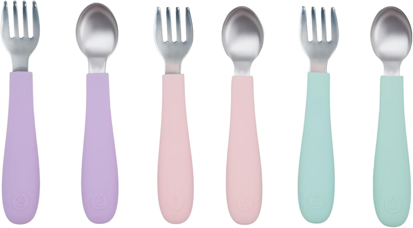 WeeSprout Toddler Utensils, 3 Forks & 3 Spoons, 18/8 Stainless Steel & Food Grade Silicone, Thick Easy-Grip Handles, Perfect Length For New Self Feeders, Gentle On Gums & Teeth, Dishwasher Safe