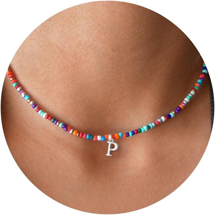 Yoosteel Christmas Gifts for Grandkids Teen Girls - Colorful Beaded Initial Necklace for Girls Kids Jewelry A-Z Letter Choker Necklace Birthday Gifts Stocking Stuffers for Teen Girl Women Kids Toddler
