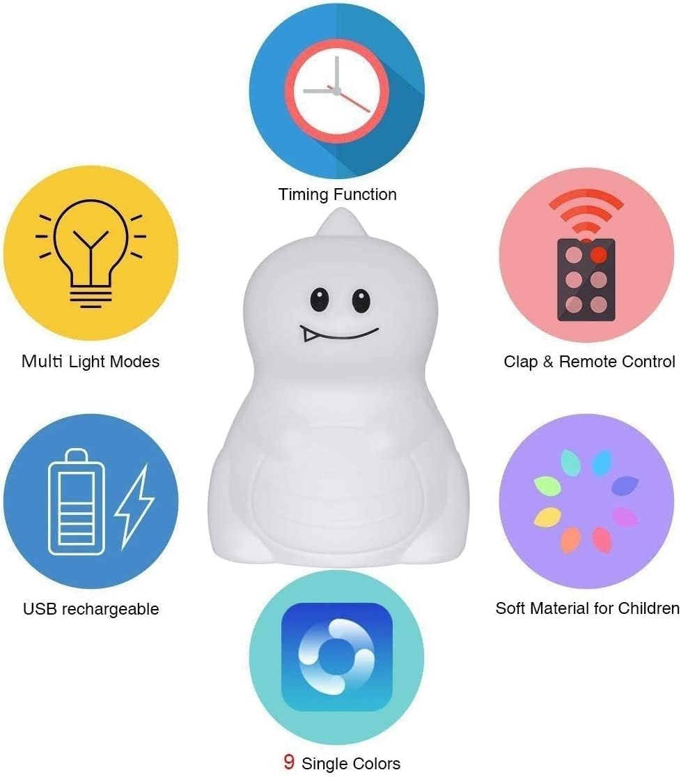 Night Light, Bedside Lamp, Baby Nursery Lamp for Breastfeeding Safe, Break Resistant, Eye Caring, Adjustable Brightness & Color, Timing Function, Remote Control + Touch Control - Dinosaur