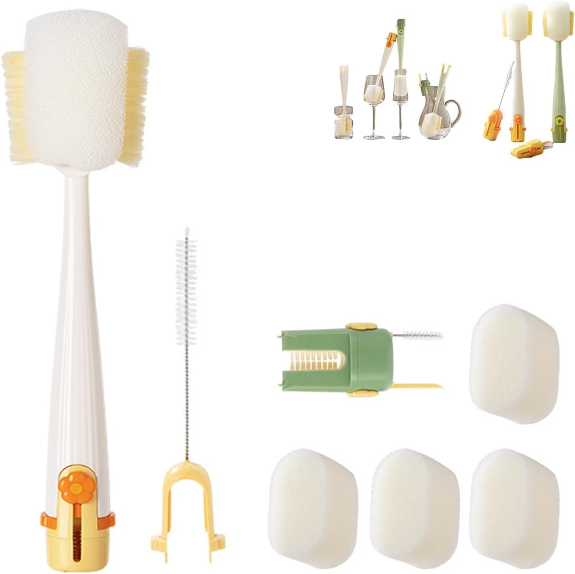 5 in 1 Bottle Cleaning Brush Set, Multifunctional Bottle Cleaning Brush Set, Water Bottle Cleaner Brush, Straw Cleaner Brush for Baby Bottles, 3 Replacement Sponge Brush Heads (White)
