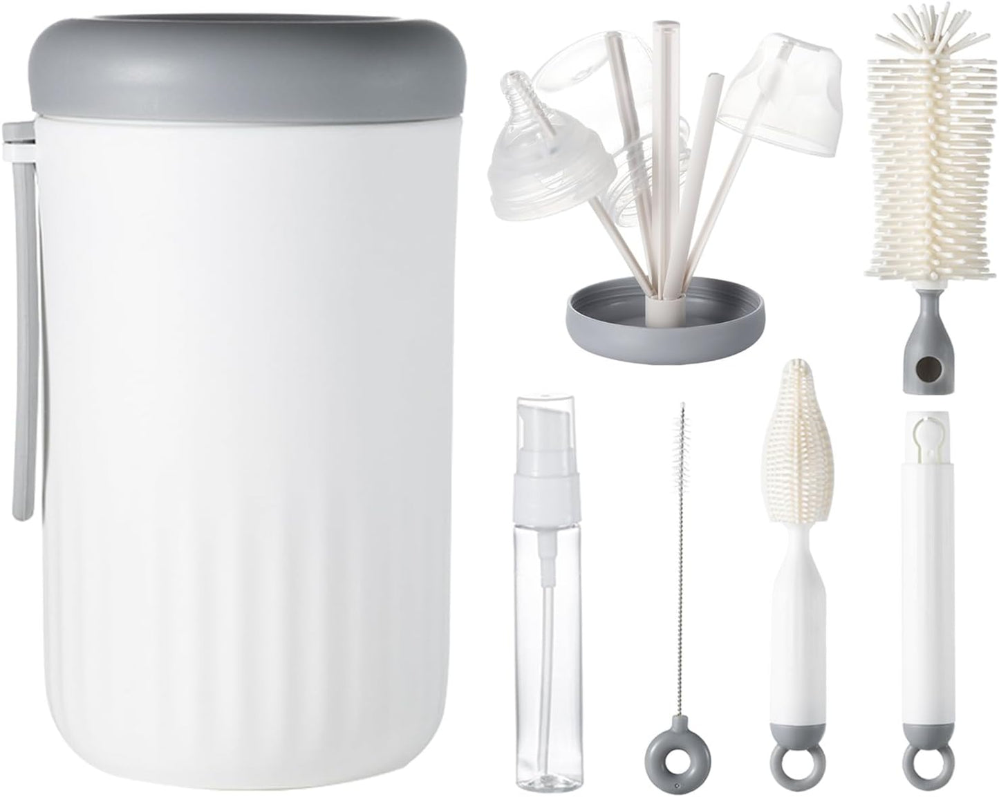 Travel Bottle Cleaner Kit, 6-in-1 Baby Bottle Brush with Silicone Bottle Brush, Nipple Brush, Straw Brush, Drying Rack, Dispenser, Organizer, Baby Travel Essential, Gifts for New Mom - Grey