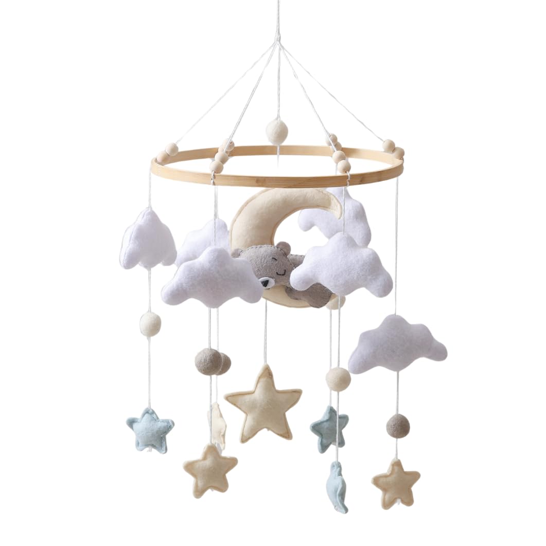 GOODMOM Sleeping Bear Baby Crib Mobile Handmade Soothing Bedtime Baby Mobile for Crib Felt Night Mood Nursery Decor for Baby Boy&Girl Easy Assembly & Durable Newborn Gift (Moon Bear)