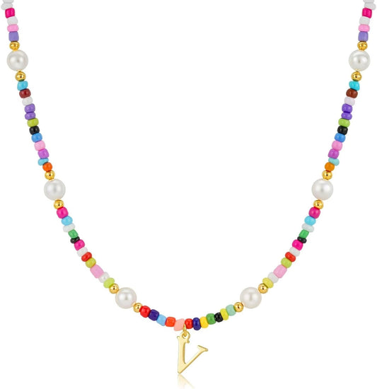 M MOOHAM Colorful Initial Necklaces for Girls Women Kids - Christmas Stocking Stuffers Beaded Pearl Choker Necklace for Women Teen Girl Gifts Trendy Personalized Letter Birthday Gifts Kids Jewelry
