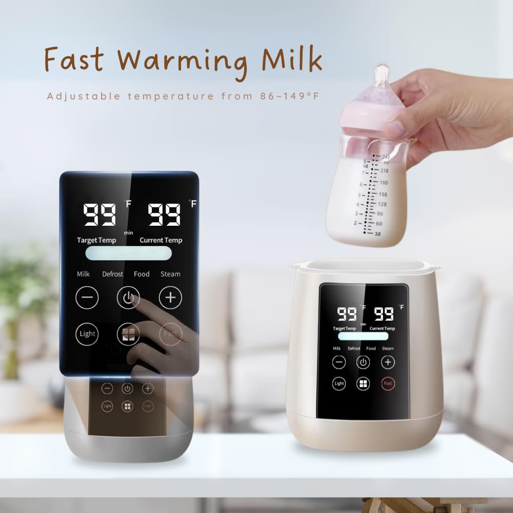 Baby Bottle Warmer, 3-in-1 Milk Warmer, Defrosts Frozen Breastmilk, LED Display, Night Light, Steam Sterilizer, Adjustable Temp, Perfect for Formula, Food Jars, Newborn Gift (White)