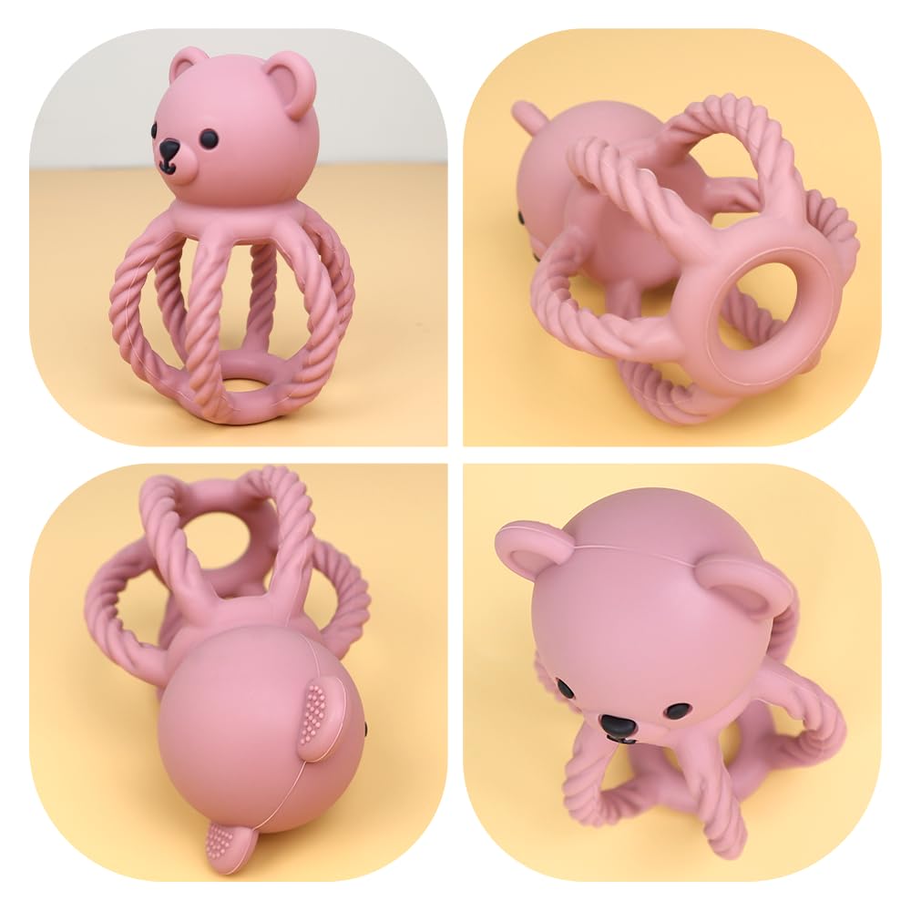 3Pcs Baby Silicone Teether Toy Set - Food-Grade Silicone Teething Relief Toys,Wooden Ring Teether Cute Bear Toy and Toy Straps for Babies 3-12 Months(Pink)
