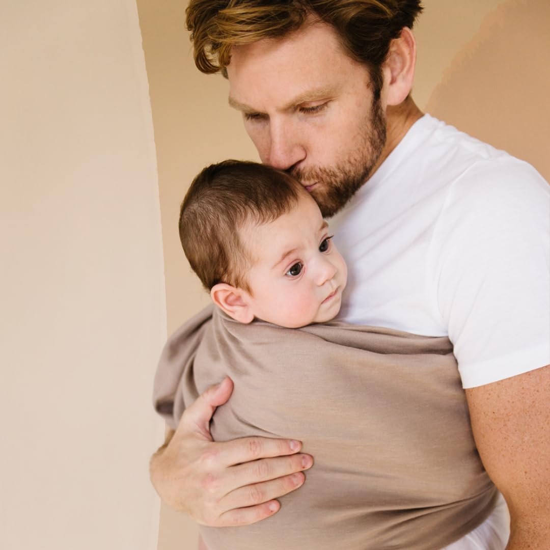 WildBird - Ring Sling Baby Carrier - Newborn to Up to 35 lbs - for Moms, Dads & Caregivers - 100% Natural European Linen Fibers - Versatile & Adjustable - 90” Size - Desert Lark Fabric & Gold Ring