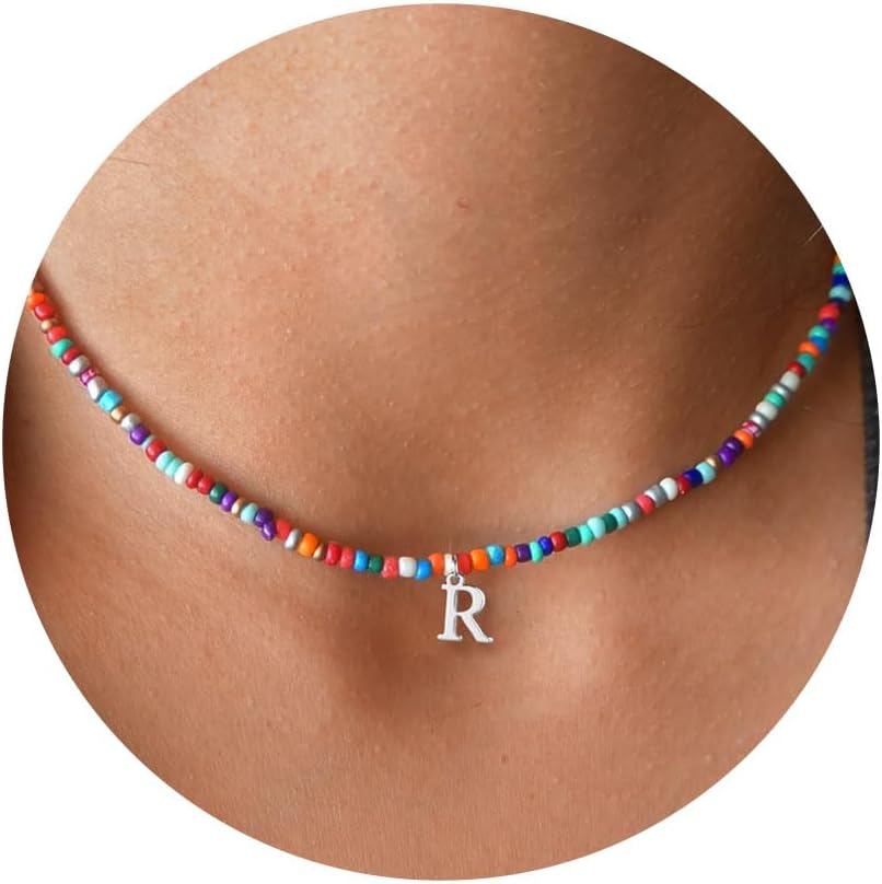 Yoosteel Christmas Gifts for Grandkids Teen Girls - Colorful Beaded Initial Necklace for Girls Kids Jewelry A-Z Letter Choker Necklace Birthday Gifts Stocking Stuffers for Teen Girl Women Kids Toddler