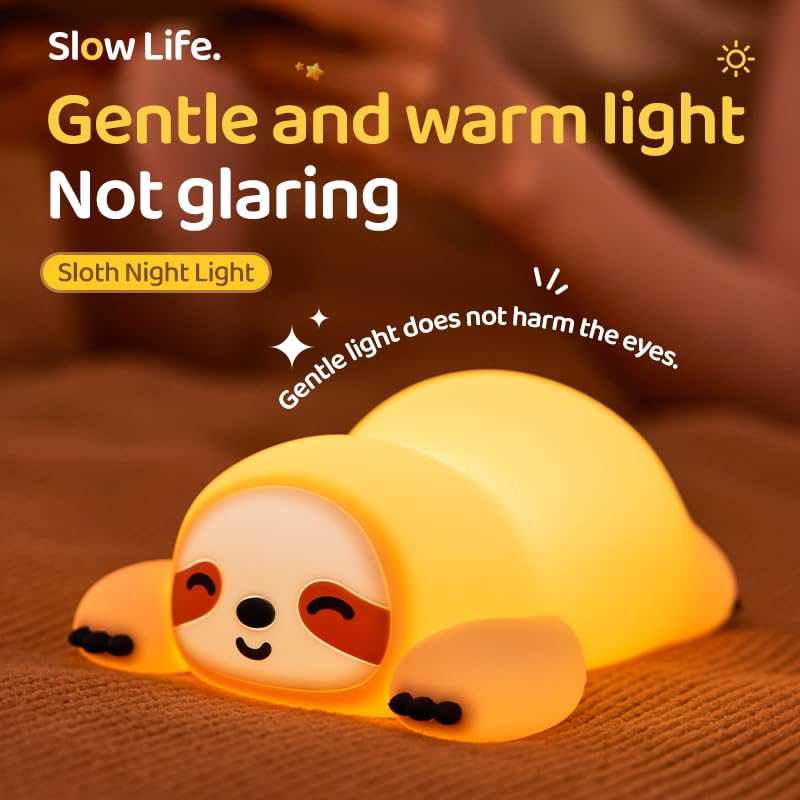 ATSUI Sloth Night Light, LED Squishy Novelty Animal Lamp, Food Grade Silicone, 3 Level Dimmable, Breastfeeding Nursery Nightlight for Room Decor, Funny Gifts Stuff for Boys Girls Baby Children