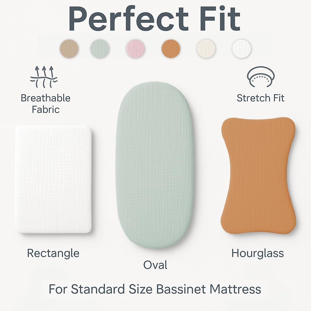 Muslin Bassinet Sheets 33x17 Inches White Bassinet Sheets Rectangle/Oval 2 Pack, Soft Fitted Bassinet Mattress Cover, Safe for Boy or Girl, Breathable Muslin, Easy Fit, No More Loose, Unsafe Sheets