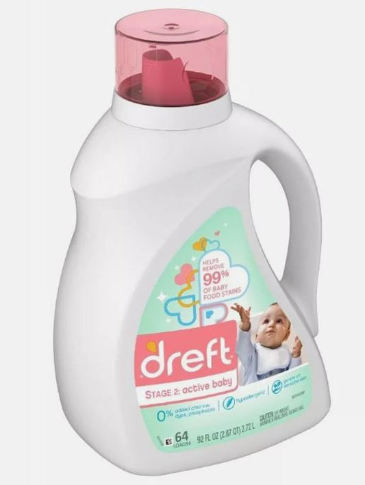 Dreft Stage 2 Active Baby Liquid Laundry Detergent, Helps Remove 99% of Baby Food Stains, Hypoallergenic, 64 loads