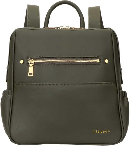 YUUMA Mini Diaper Bag Backpack-Minimalist bag With Premium Vegan Leather Material With 7 Interior and 5 External Pockets (Olive)