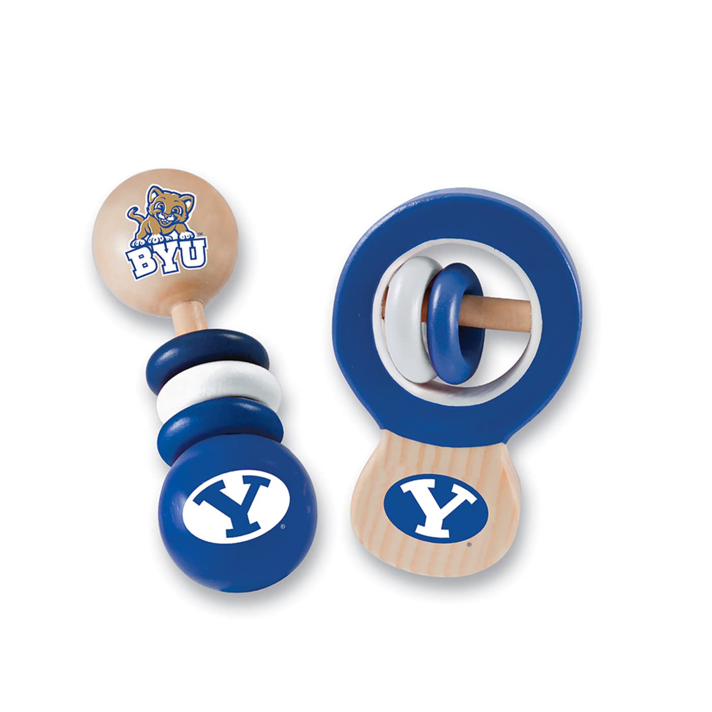 Baby Fanatic NCAA BYU Cougars Wood Rattle 2 Pack - Officially Licensed Baby Toy Set - Multicolor - Safe BPA Free - A & M Baby Toys - Ages 3 Months+