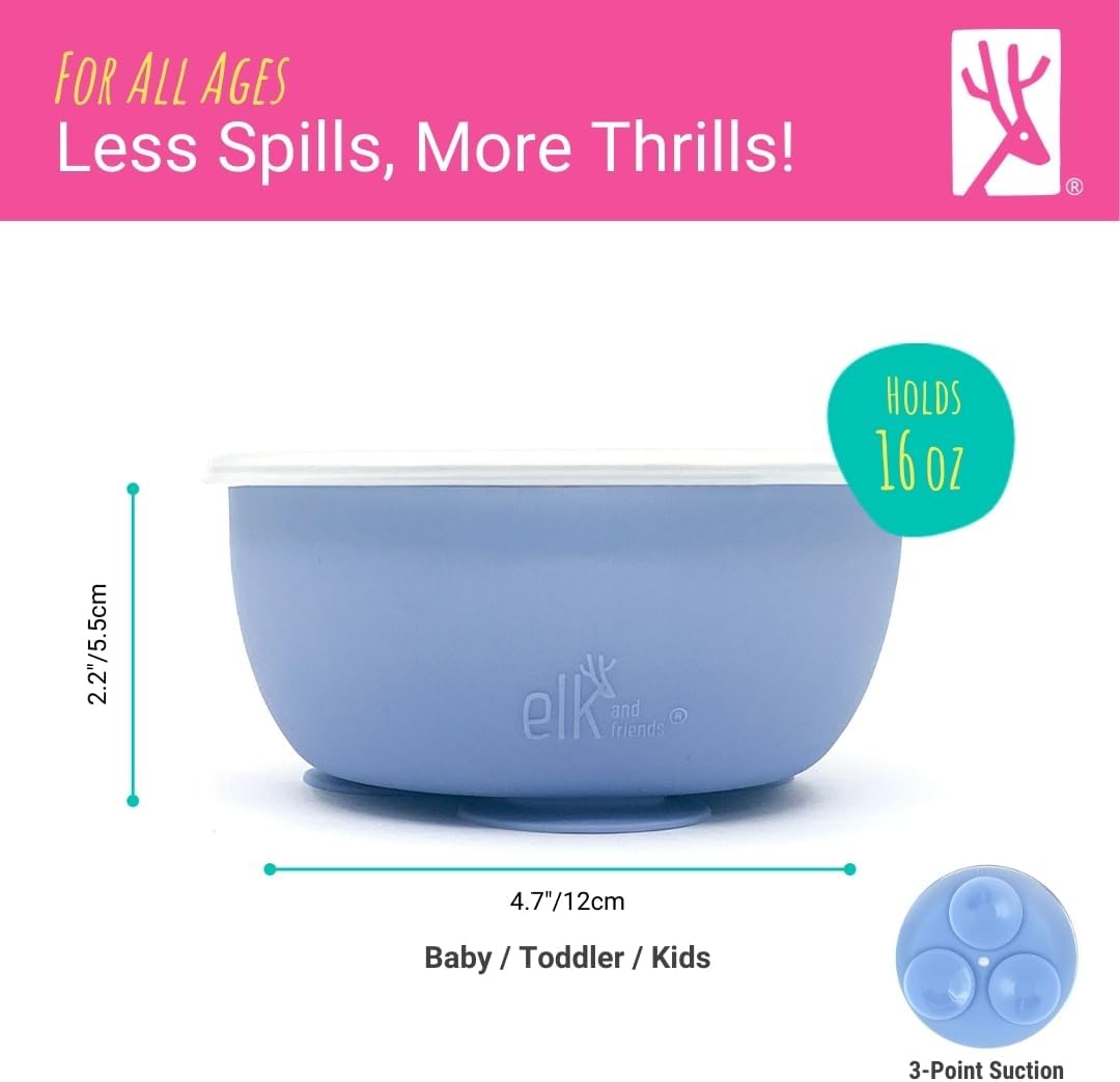 Elk and Friends Stainless Steel Bowls with Silicone Sleeve for Babies & Toddlers | Lids Included | Stay Put Suction | Cereal & Snack Bowls | 4 Pack