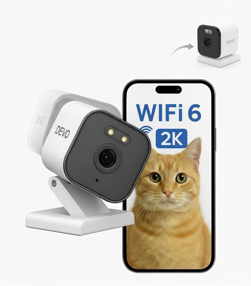 Devo Security Camera 2K |WIFI6 | Indoor |Baby Monitor & Pet Camera | 2-Way Audio, Color Night Vision, Live Stream, Motion Alerts & Notifications White,1 Cam