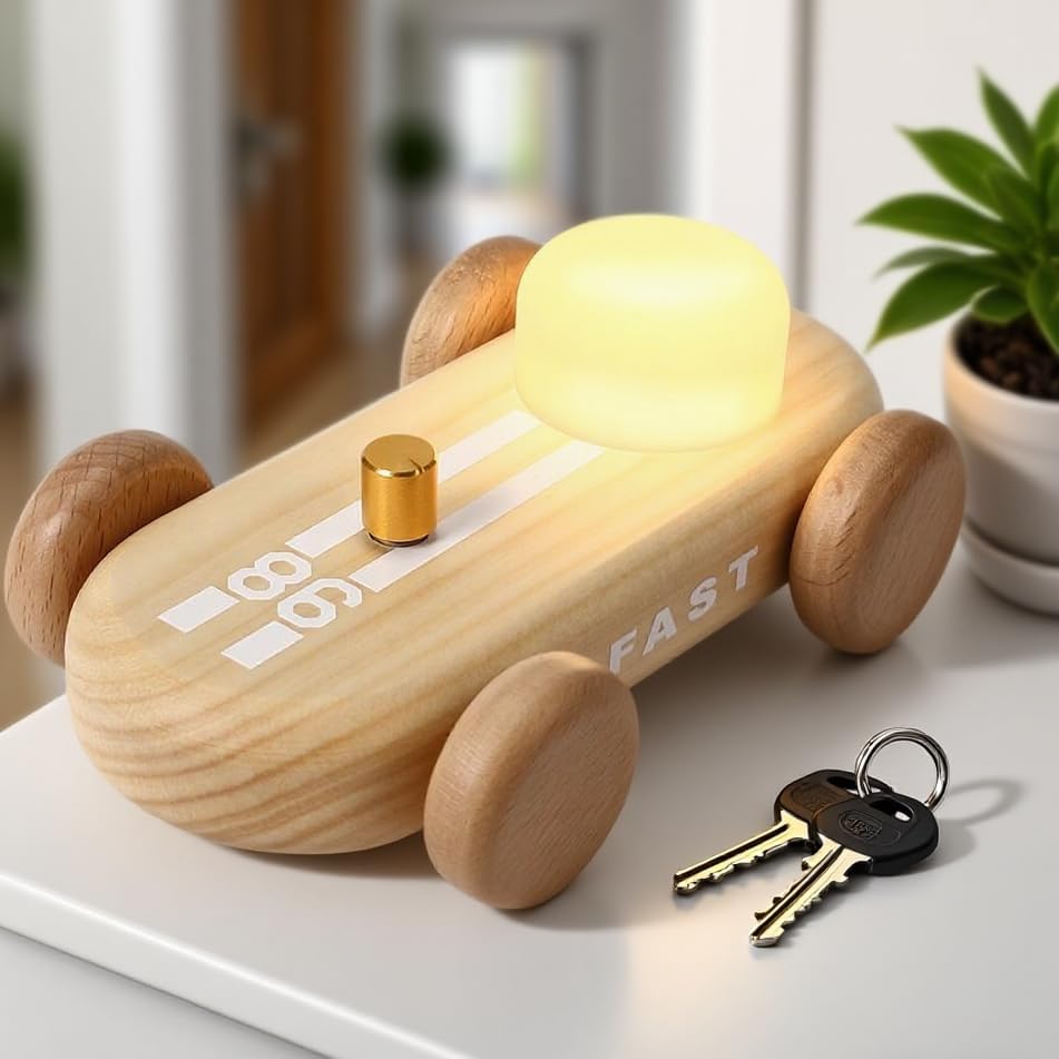 Wooden Go-Kart Night Light for Kids, 7 Color Adjustable, USB Rechargeable (Burlywood)