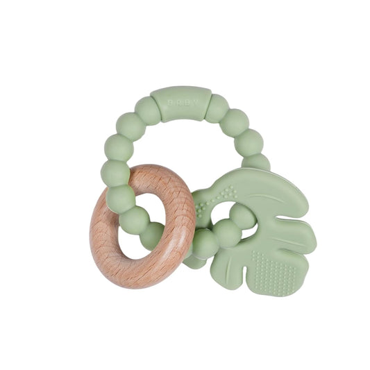 Baby Silicone and Wood Teether Ring Toy,Food Grade Silicone Chew Toys for 3-6,6-12,12-18 Months Newborns,Infants,Toddlers Teething Relief,Safe and Soft,BPA Free,Baby Essentials. (Leaf)