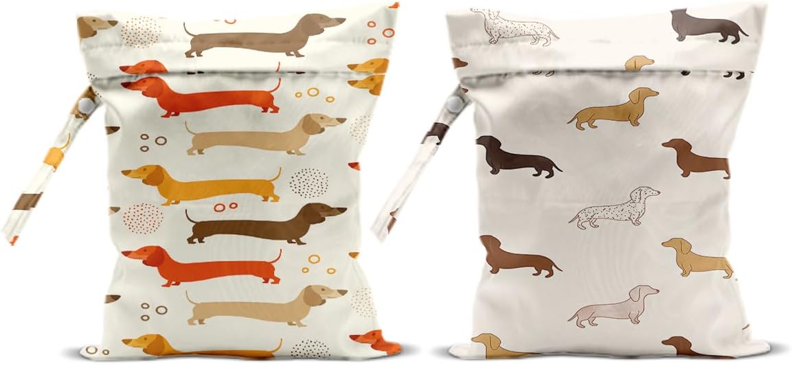 2Pcs Dog Wet Bags 12x10 Inch, Cute Dogs Waterproof Travel Laundry Bags, Washable Reusable Wet Dry Bag for Swimsuit Beach Diapers Dirty Yoga Gym Clothes, Dachshund Gifts for Women Friend Travelers