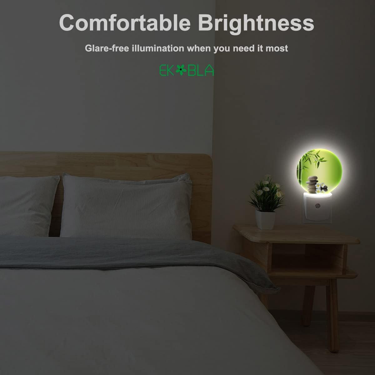 EKOBLA Meditation Night Light Bamboo Zen Stones Oriental Spa Peaceful Night Lights Plug into Wall Auto on/Off LED Round Lamp for Men Women Home Living Room Bathroom