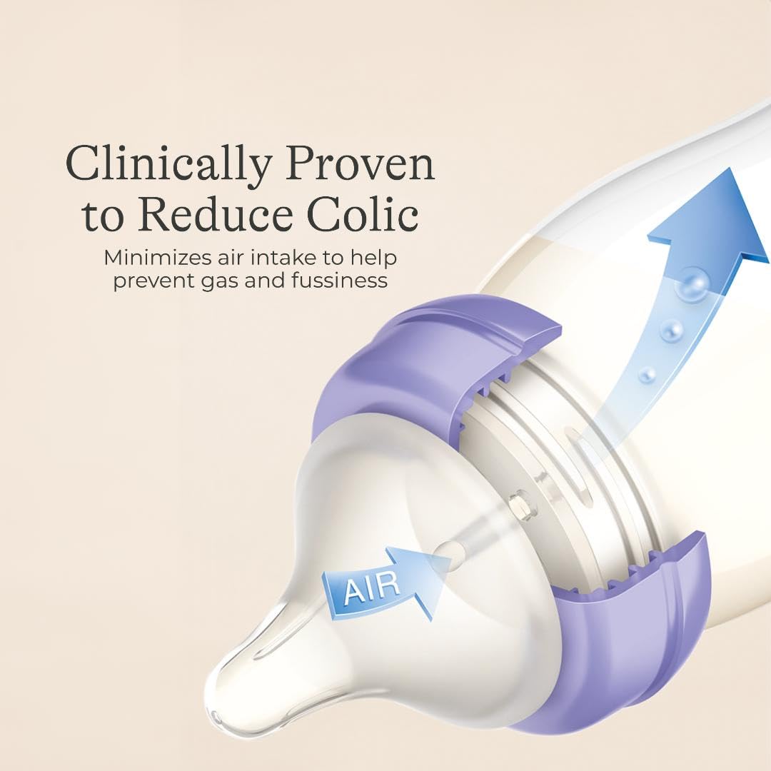 Lansinoh Anti-Colic Baby Bottles for Breastfeeding Babies, 8 Ounces, 3 Count, Includes 3 Medium Flow Nipples, Size M