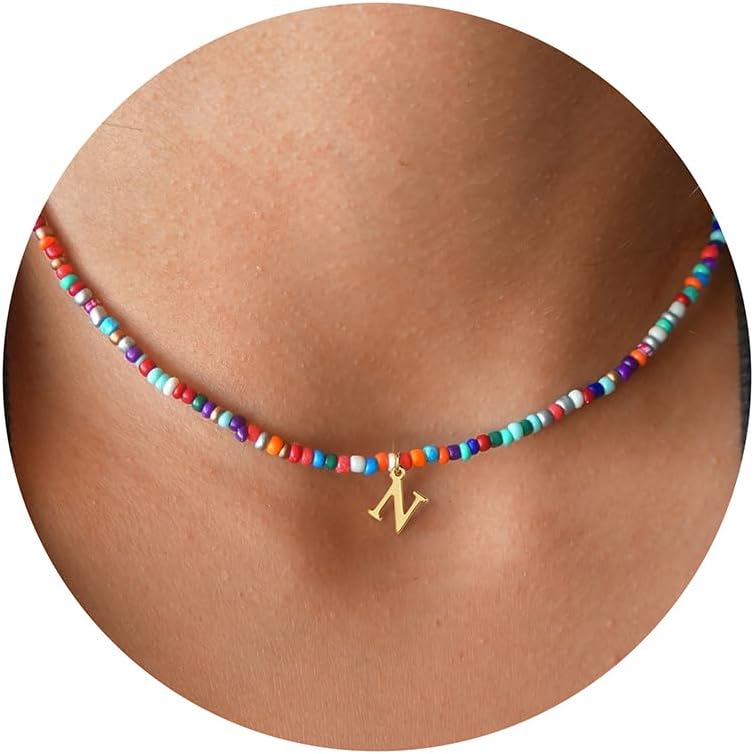 Yoosteel Christmas Gifts for Grandkids Teen Girls - Colorful Beaded Initial Necklace for Girls Kids Jewelry A-Z Letter Choker Necklace Birthday Gifts Stocking Stuffers for Teen Girl Women Kids Toddler
