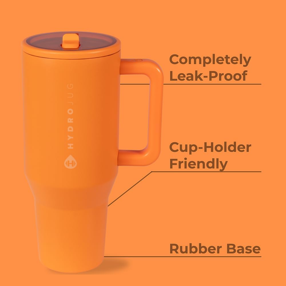 HydroJug Traveler - 32 oz Water Bottle with Handle & Flip Straw - Fits in Cup Holder, Leak Resistant Tumbler-Reusable Insulated Stainless Steel & Rubber Base - Gifts for Women & Men, Tangerine