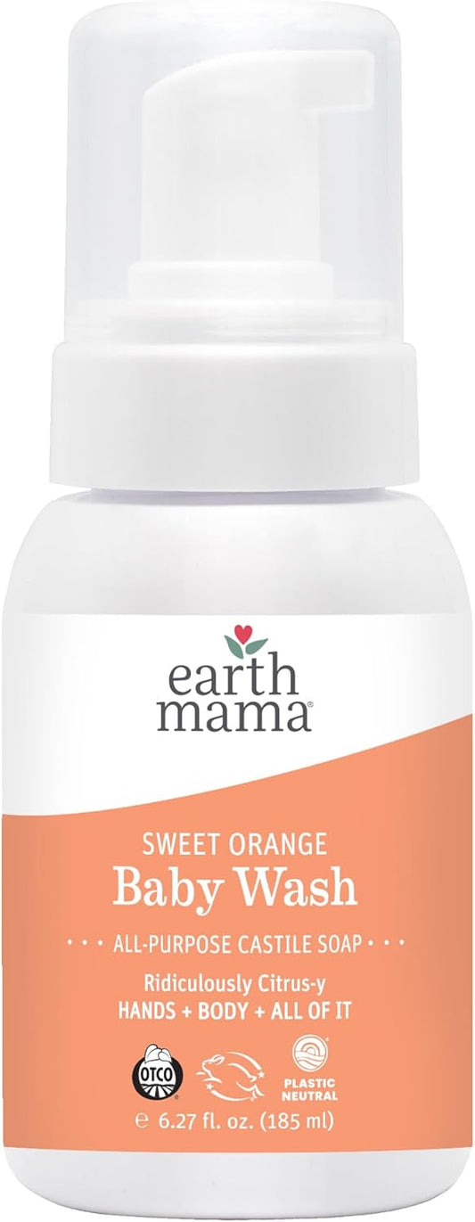 Earth Mama Baby Liquid Wash Foaming Hand Soap, Organic All Purpose Body Wash for Sensitive Skin, Castile Soap with Coconut Oil, Shea Butter, Calendula, & Aloe, Sweet Orange, 6.27 Fl Oz (Pack of 1)