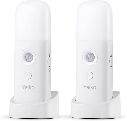 YELKO Motion Sensor Night Light, 2000mAh Rechargeable Night Lights Battery Powered, Portable Dimmable Nightlights with 5 Brightness Levels for Kids,Adults(Cool White 2Pack)
