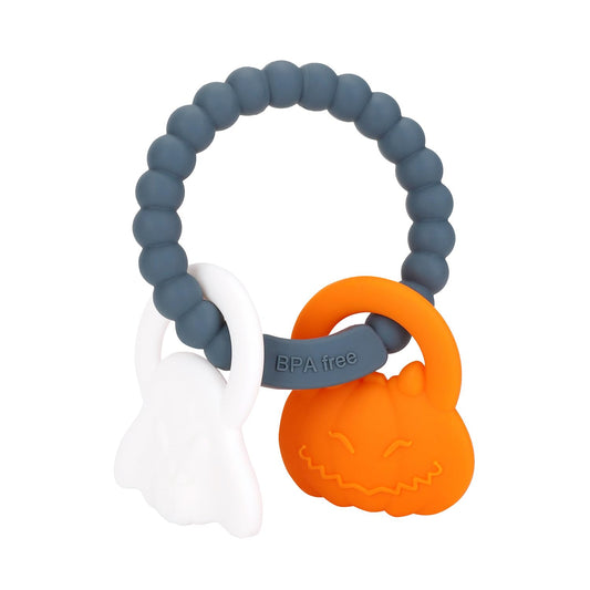 Silicone Teething Ring Toy, Halloween Baby Teether Toys with Rattles Pumpkin and Ghost, Sensory Chew Toys for Babies 3-6-12 Months to Soothe Sore Gums,Dark Grey