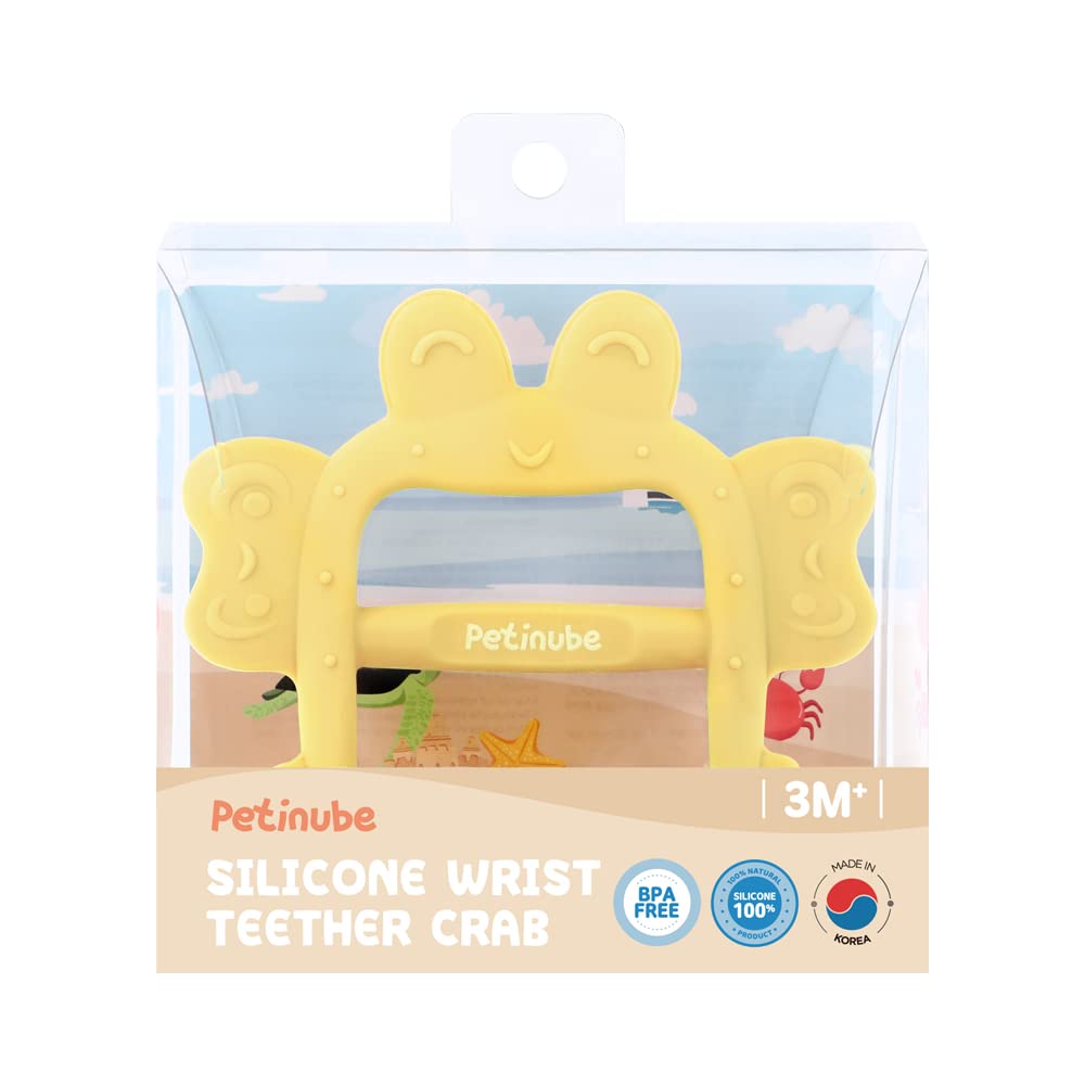 Anti-Dropping Silicone Baby Wrist Teether Soothing Pacifier for Infants 3+ Months Babies, Pack of 1, Made in Korea (Crab-Elfin Yellow)