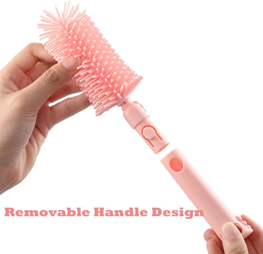 6 In1 Baby Bottle Brush Kit,Portable Silicone Bottle Brush Cleaner Set with Straw Brush,Nipple Brush,Drying Rack,Soap Dispenser,Storage Bag for Travel or Home (Pink)