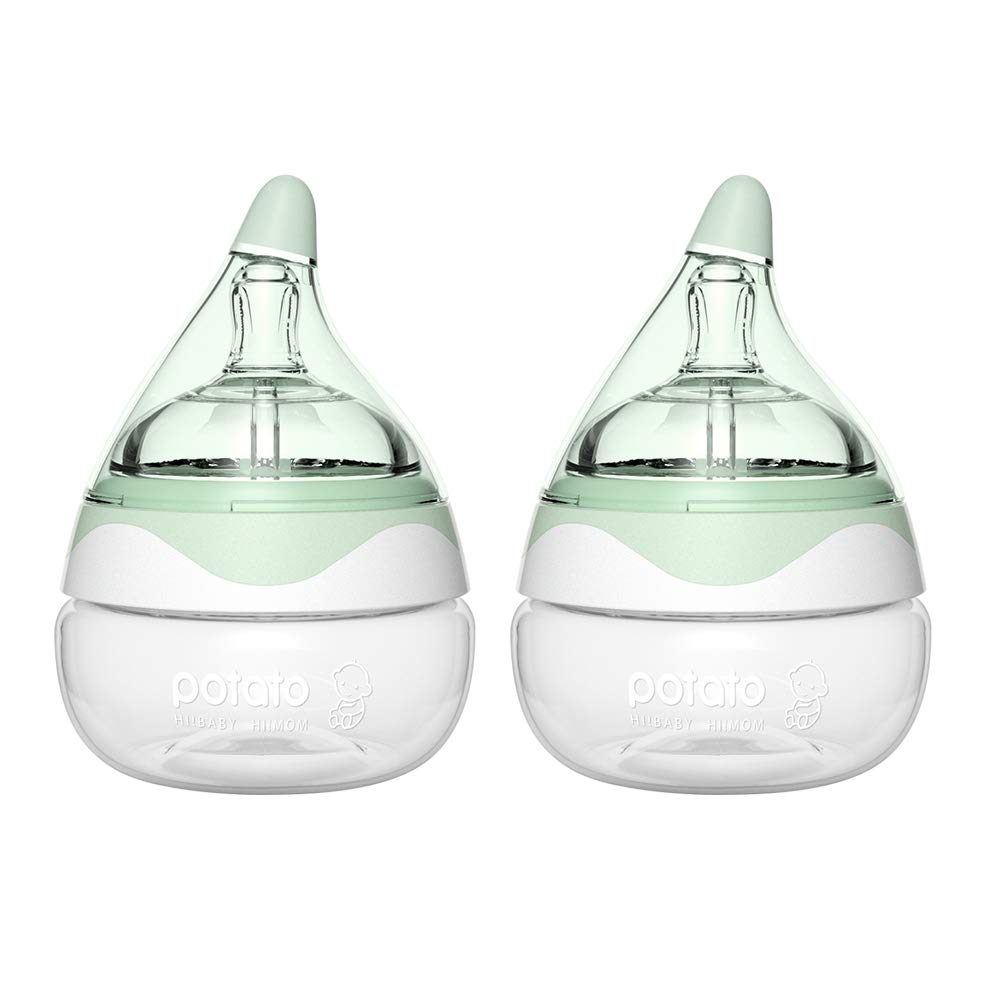 POTATO Glass Baby Bottles for Newborn Babies, Anti Colic Breastfeeding Bottle with Wide Neck, Slow Flow, 2pack, 2.5oz, Green
