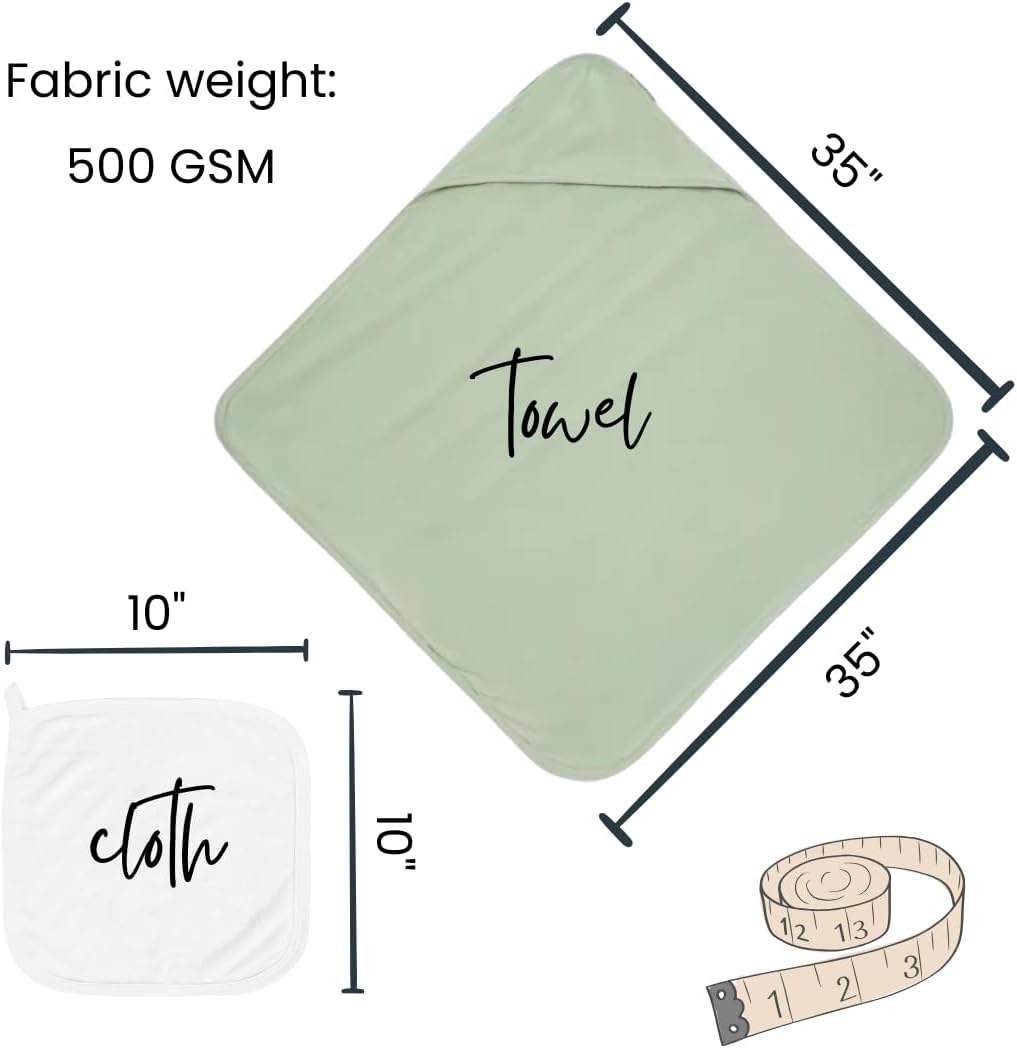 Hooded Baby Toddler Towel and Washcloth Set Made with Viscose from Bamboo, Large Size of 35" x 35", Soft and Absorbent, Baby Essential in Sage