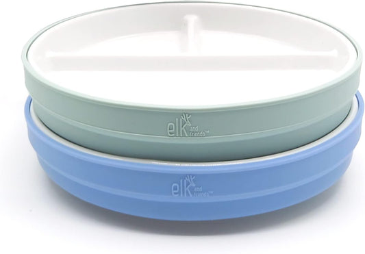 Elk and Friends Kids 6.7” Porcelain Divided Plates with Silicone Sleeves | Suitable for Babies/Kids/Toddlers | Microwave & Dishwasher Safe | Non Slip | Snack Dishes