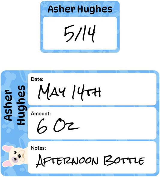 Name Bubbles - Reusable Baby Bottle Labels for Daycare (20 Labels) - Kids Washable Name Tags for Bottles, Sippy Cups, & Snack Containers, Waterproof, Baby Name Stickers, Write-On (Dogs)