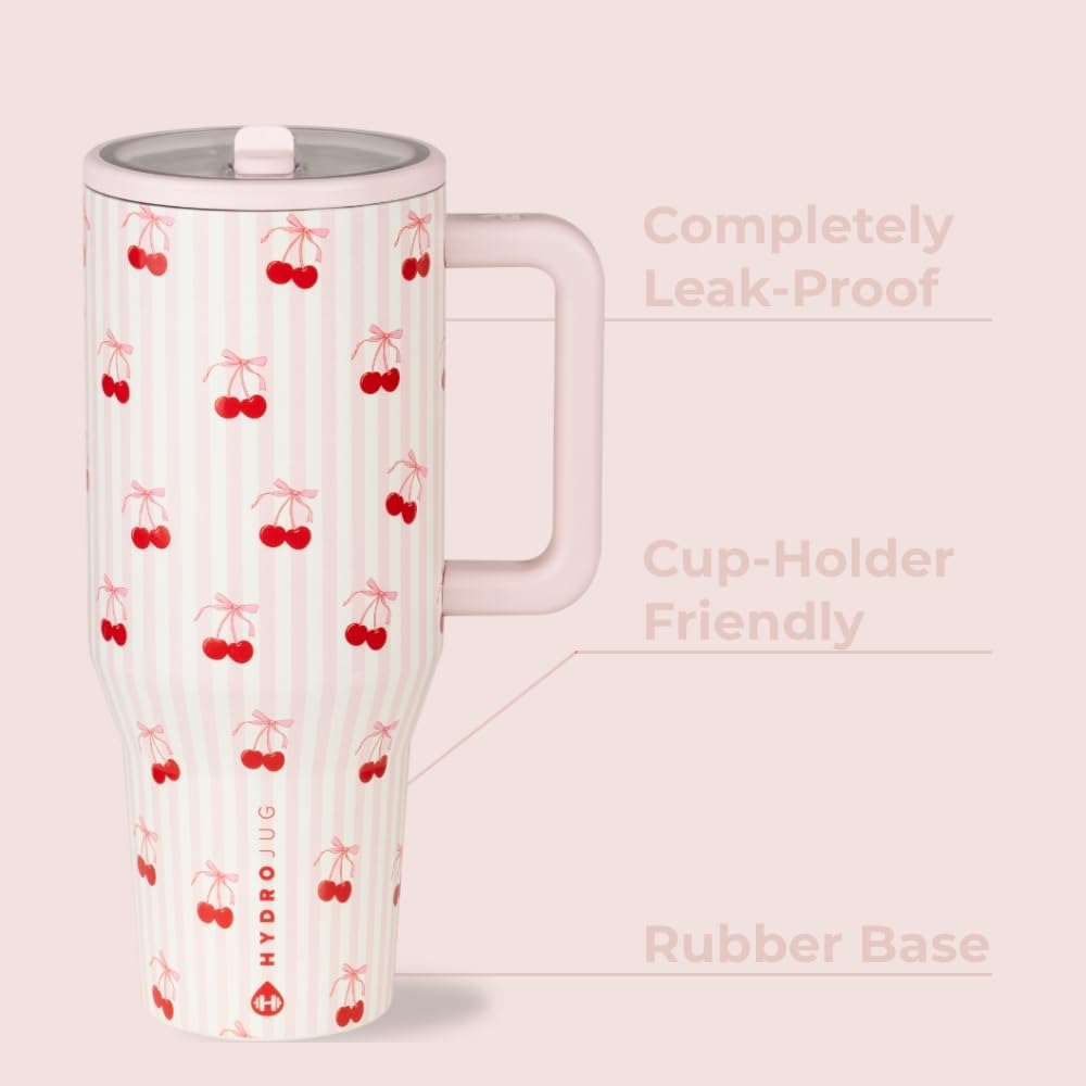 HydroJug Traveler - 40 oz Water Bottle with Handle & Flip Straw - Fits in Cup Holder, Leak Resistant Tumbler-Reusable Insulated Stainless Steel & Rubber Base - Gifts for Women & Men, Sweet Cherry