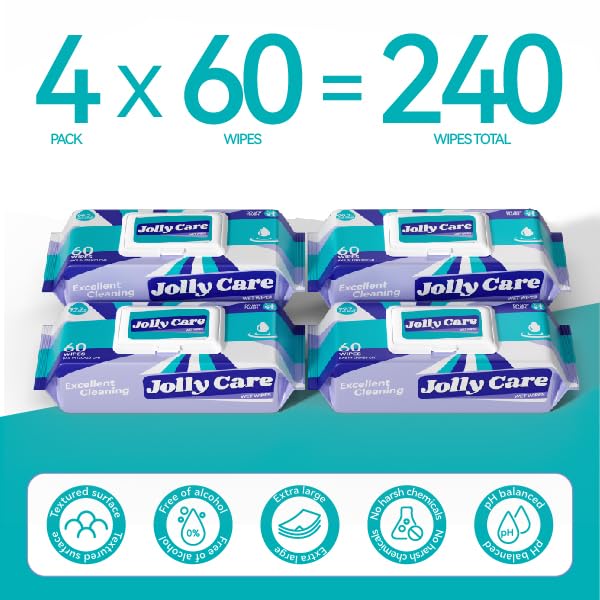 Wet Wipes for Adults, Adult Wipes for Hands and Body, Unscented Hand Wipes, Fragrance-free, Alcohol-free, 99% EDI Pure Water, 4 Flip-Top Packs (240 Wipes Total)