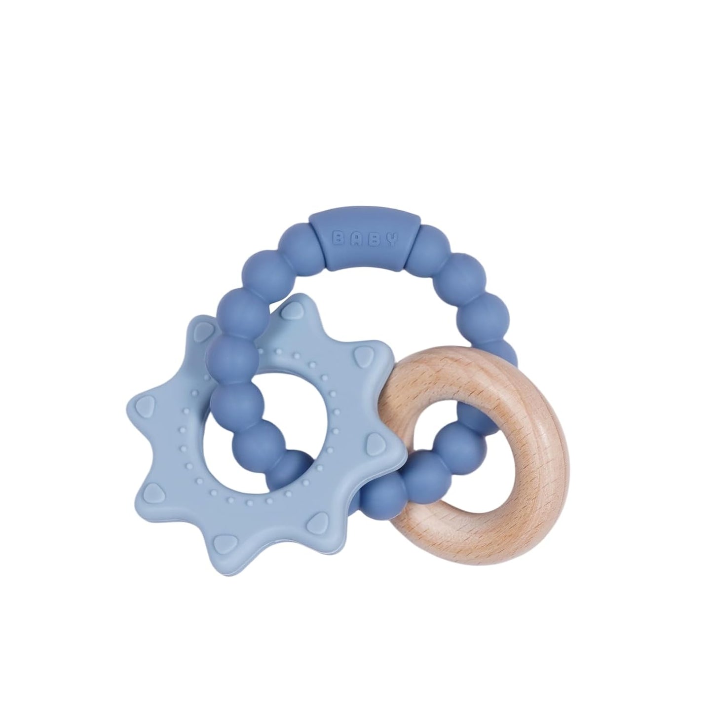 Baby Silicone and Wood Teether Ring Toy,Food Grade Silicone Chew Toys for 3-6,6-12,12-18 Months Newborns,Infants,Toddlers Teething Relief,Safe and Soft,BPA Free,Baby Essentials. (Star)