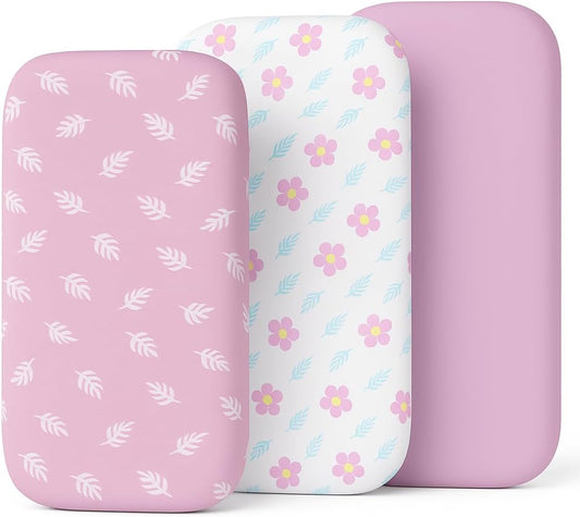 3-Pack Organic Jersey Cotton Bassinet Fitted Sheets – Fits 32 x 16 x 4 Inch Pads – Compatible with Halo, Snoo, Graco, Dream On Me, Delta – for Oval, Hourglass, and Rectangular Bassinet Mattresses