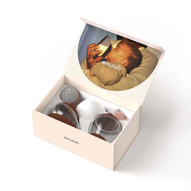 Emulait Baby Bottle Starter Kit Includes 2 Bottles 2 Nipples 2 Caps 2 Lids 2 Responsive Flow Valves, Cleaning Brush