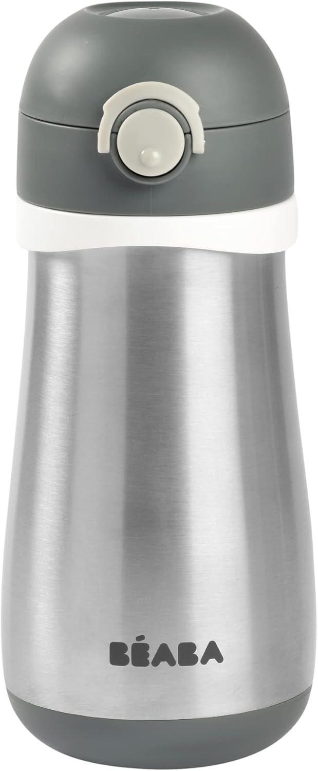 BEABA Kids Stainless Steel Insulated Water Bottle, Kids Water Bottle, Toddler Thermos with Spill Proof Spout and Close Top, Perfect for Travel, (Charcoal)