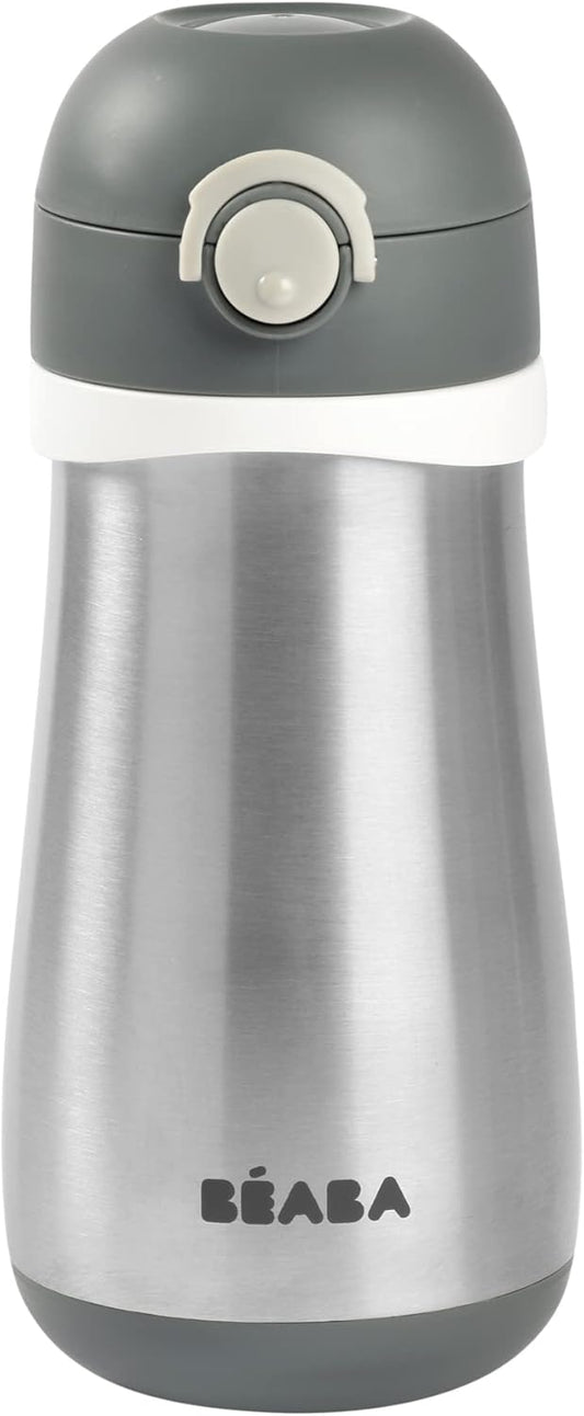 BEABA Kids Stainless Steel Insulated Water Bottle, Kids Water Bottle, Toddler Thermos with Spill Proof Spout and Close Top, Perfect for Travel, (Charcoal)