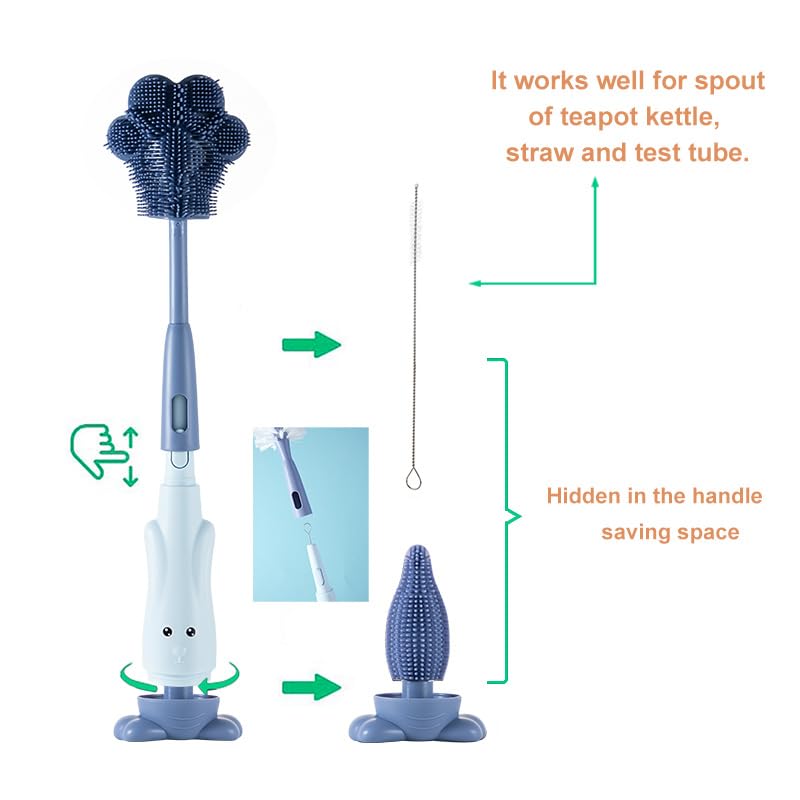 Chemimoso Cup Cleaning Brush, Silicone Baby Bottle Brush with Stand, Large Handle Water Bottle Brush Cleaner Set, with a Tiny Cup Lid Gap Cleaning Brushes Kit, Pawprint, Pink